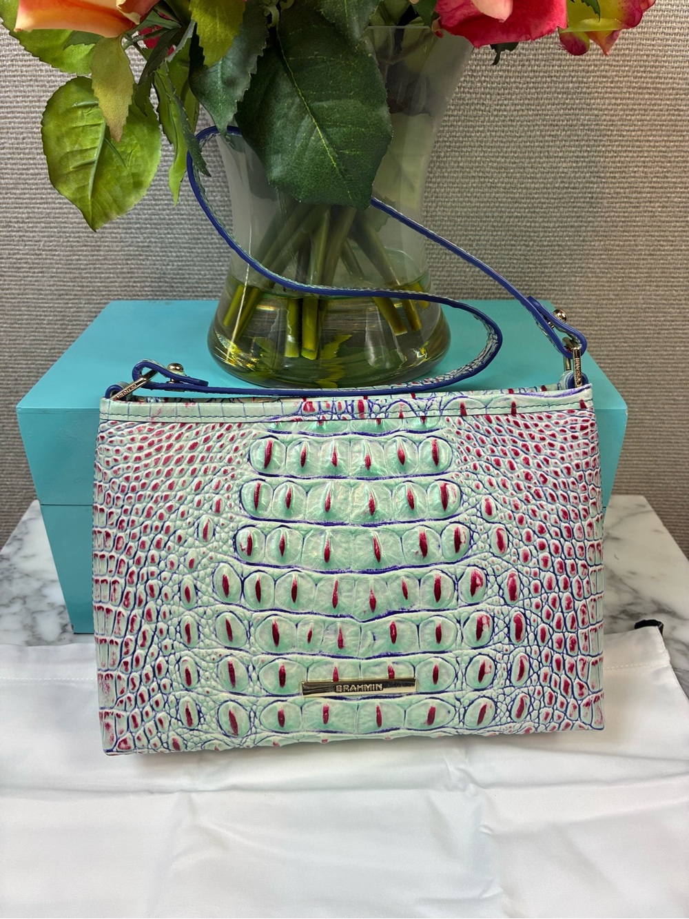 Brahmin Mint Green & Red Croc Embossed Lorelei Shoulder Bag - NWT - Picture 1 of 9